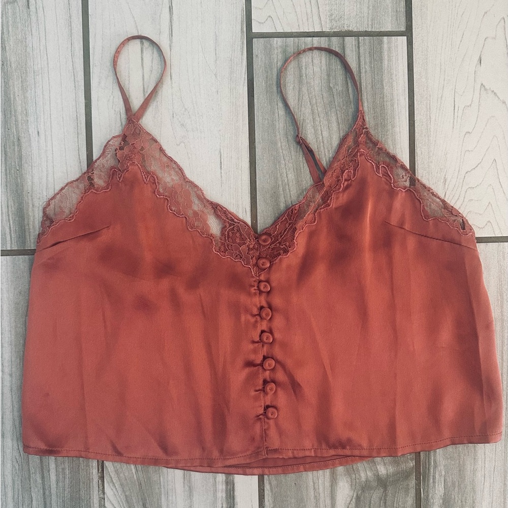 Urban Outfitters, Cropped Satin with lace trip tank. Rose colored, Small